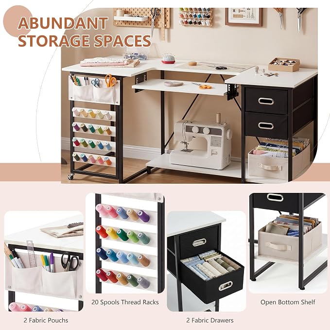 59" Folding Sewing Table with Adjustable Tabletop and Foldable Side Shelf | - Image 4