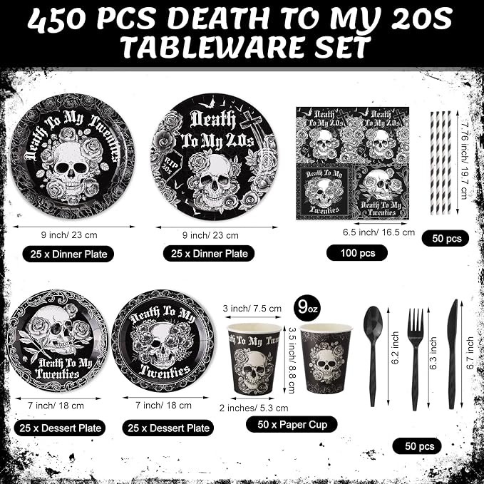 450 Pcs Death to My 20s Tableware Set Black White 30th Birthday Party - Image 2