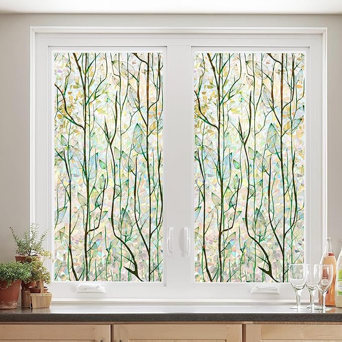 Finnez Window Privacy Film Window Film 3D No Glue Glass Sticker for Glass Door Home and Office Heat Control Anti UV (17.5 Inch x 6.5 Feet, Rainbow Grove)