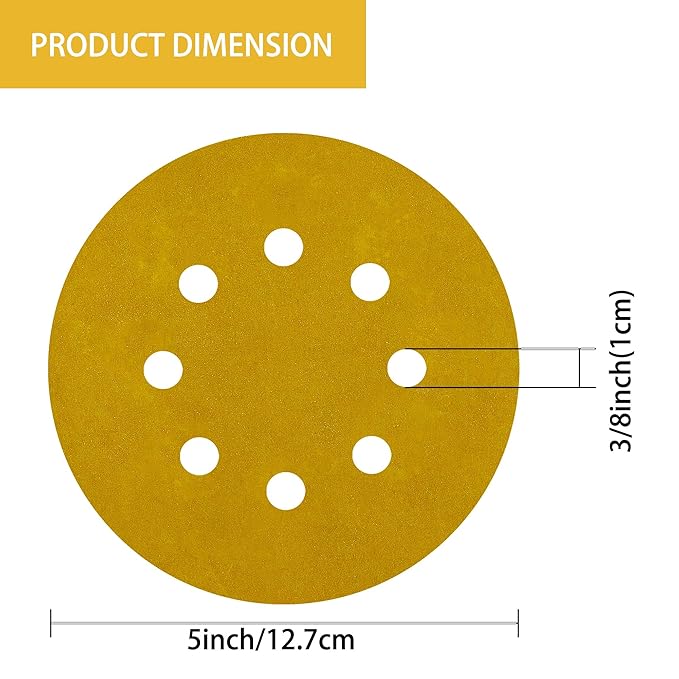 150PCS 800 Grit Gold Sanding Discs, 5-Inch 8-Hole Sandpaper for Random Orbital Sander, for Automotive or Woodworking