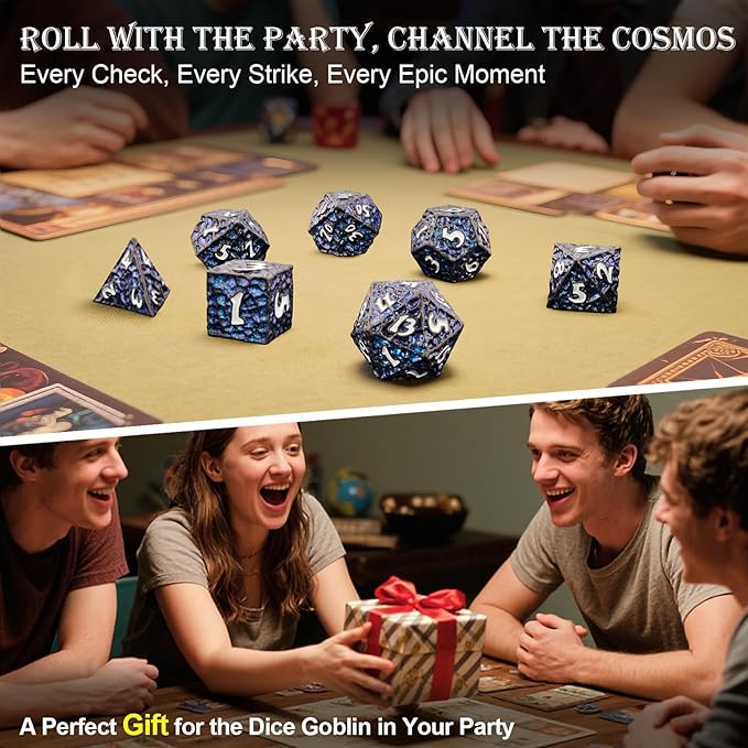 Haxtec Metal DND Dice Set Polyhedral D&D Dice Compatible with Dungeons and Dragons Gift TTRPG Black Blue Glitter Metal Dice