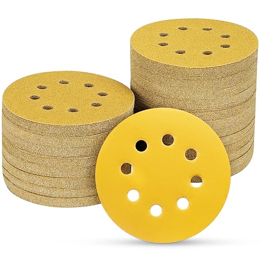 100PCS 5 Inch 8 Hole Sanding Discs 320 Grit,Gold Round Hook and Loop Sandpaper for Random Orbital Sander