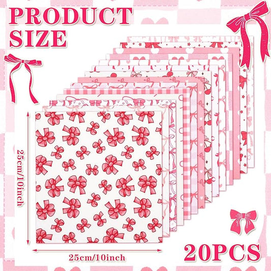 Ganeen 60 Pcs 10 x 10 Inch Pink Bows Quilting Fabric Squares Coquette Pink Bow Fat Patchwork Precut Strips Plaid Dot Heart Coquette Fabric Bundles for Holidays DIY Craft Sewing Handmade Material Gifts