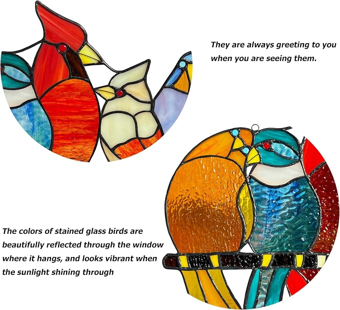 Stained Glass Birds Window Hangings, 9 Multicolor Stained Glass Birds on Branch - Image 5