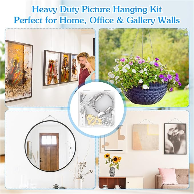 2 Pack Picture Hanging Wire Kit, Heavy Duty Picture Wire Kit for Frames & Mirrors up to 50lbs, Includes Adjustable 2m Steel Wires, D Rings & Screws, Wall Hanging Kit for Home & Gallery Use
