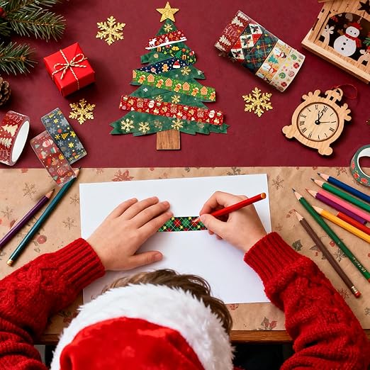 12 Rolls Christmas Washi Tapes Christmas Tree Snowman Snowflakes Gingerbread Man Masking Tape Red Green Gold Foil Xmas Decorative Tape for Xmas Scrapbook Journal Gift Wrapping DIY Crafts 16.4FT