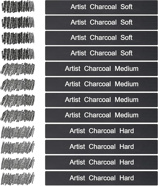 12 Pack Compressed Charcoal Sticks, Vine Charcoal Stick for Drawing, Sketching, Shading, Art Supplies Sketch Kits Tools Soft, Medium and Hard Grade