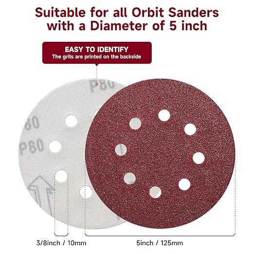 100 PCS 5 Inch Sanding Discs 40 Grit, Round Hook and Loop Sandpaper for Random Orbital Sander
