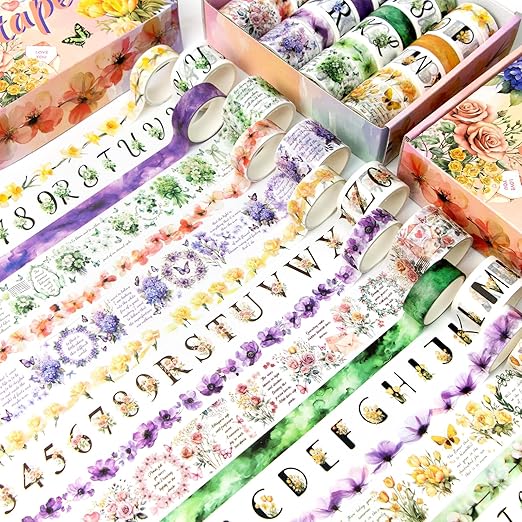 24 Rolls Washi Tape Set - Floral Alphabet Themed Decorative Masking Tape, Adhesive Artists Tape for Journaling Supplies, DIY Craft, Scrapbooking Supplies, Gift Wrapping, School Supplies