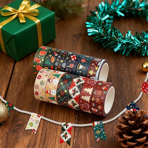 12 Rolls Christmas Washi Tapes Christmas Tree Snowman Snowflakes Gingerbread Man Masking Tape Red Green Gold Foil Xmas Decorative Tape for Xmas Scrapbook Journal Gift Wrapping DIY Crafts 16.4FT