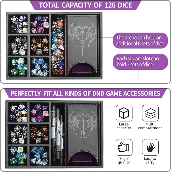 DND Dice Tray and Dice Tower with Storage, 3 in 1 Dice Rolling Tray with Lid, Portable Dice Box Storage, DND dice Holder for Dungeons and Dragons D&D RPG MTG Table Games - Purple
