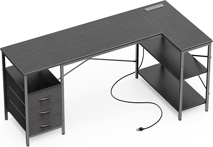 Huuger L Shaped Desk with Power Outlets, 63 Inch Reversible Computer Desk with by Huuger