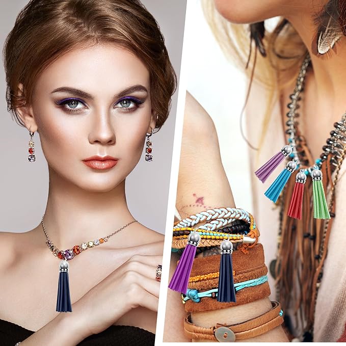 120 Pack Leather Keychain Tassels Charms Silver White Cap Multicolor Tassels - Image 5