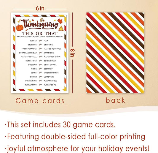 Thanksgiving Party Icebreaker Games Cards - Thanksgiving This or That Game Cards for 30 Guests, Turkey Dinner Party Activity for Teens Adults Party Favor and Supplies, 5 x 7 inches