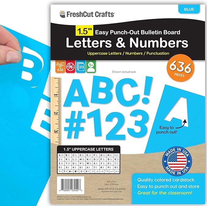 FreshCut Crafts 636 Pcs 1.5 in. Blue Bulletin Board Letters & Numbers, Capital Alphabet, Numbers, Punctuation, US Made Card Stock Punch Out Letters for Posters, Bulletin Boards, Classroom