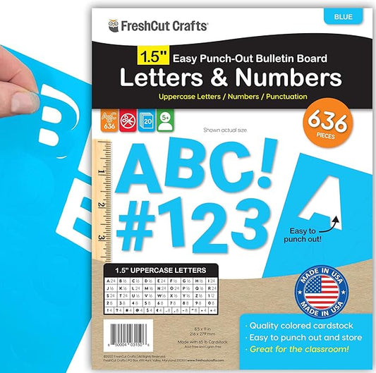 FreshCut Crafts 636 Pcs 1.5 in. Blue Bulletin Board Letters & Numbers, Capital Alphabet, Numbers, Punctuation, US Made Card Stock Punch Out Letters for Posters, Bulletin Boards, Classroom