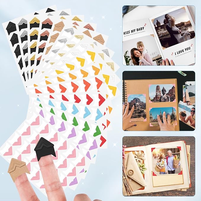 GOONAVI 15 Sheets 360 PCS Golden Black Acid-Free Photo Corners Notebook, Self-Adhesive Corners for DIY Album Journal, Corner Stickers for Trip Memory Book