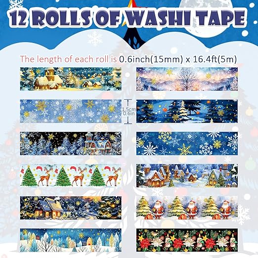12 Rolls Christmas Washi Tapes, Christmas Tree Snowflakes Santa Claus Masking Tape, Gold Foil Winter Xmas Decorative Tape for Planner Scrapbook Journal DIY Arts Craft Gift Wrapping 16.4FT