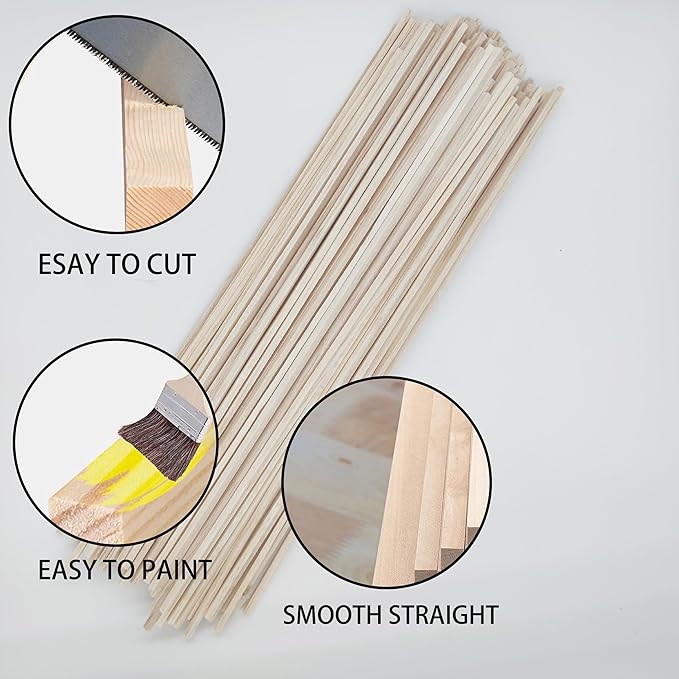 120Pcs Balsa Wood Sticks,Wood Strips Balsa Square Wooden Dowels Hardwood Unfinished Wood Sticks for Crafts DIY Projects Models Making Supplies (12” X 1/8” X 1/8” 120Pcs)
