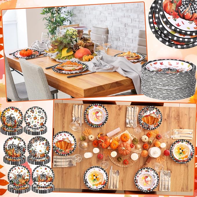 Funnymoom 60 Pcs 7 Inch Fall Pumpkin Paper Plates Thanksgiving Black Buffalo - Image 5
