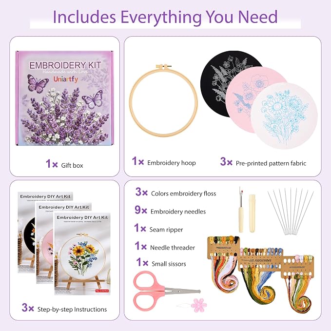 Uniartfy 3 Sets Embroidery Kit for Adults, Flower Pattern Embroidery Practice - Image 2