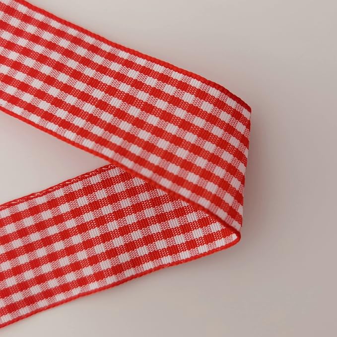 1 Inch Red and White Woven Edge Gingham Ribbon 25 Yards Each Roll 100% Polyester (1", red)