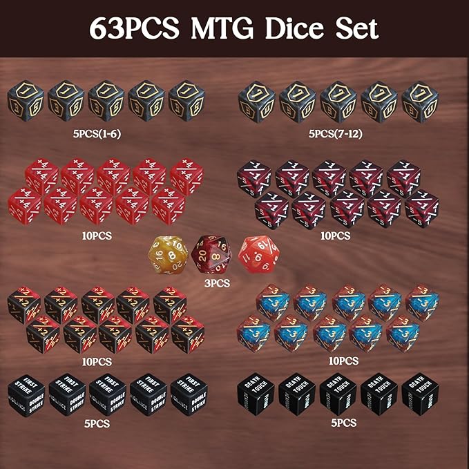 63 PCS MTG Dice Counters Set, D6 MTG Tokens with Bulk Abilities Keywords and MTG Life Counters, Dice Set for Magic The Gathering, TCG and Card Games
