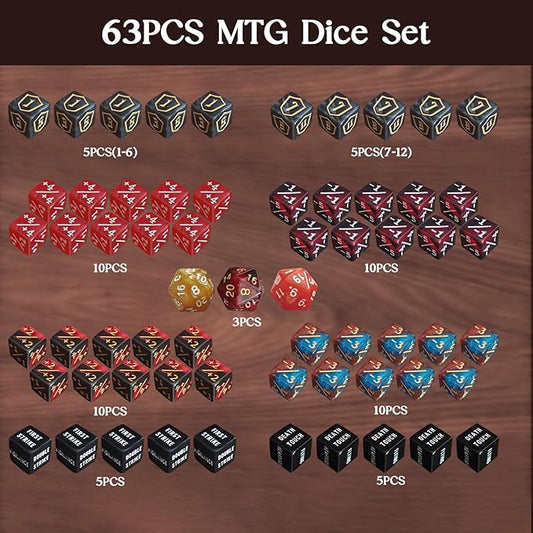 63 PCS MTG Dice Counters Set, D6 MTG Tokens with Bulk Abilities Keywords and MTG Life Counters, Dice Set for Magic The Gathering, TCG and Card Games