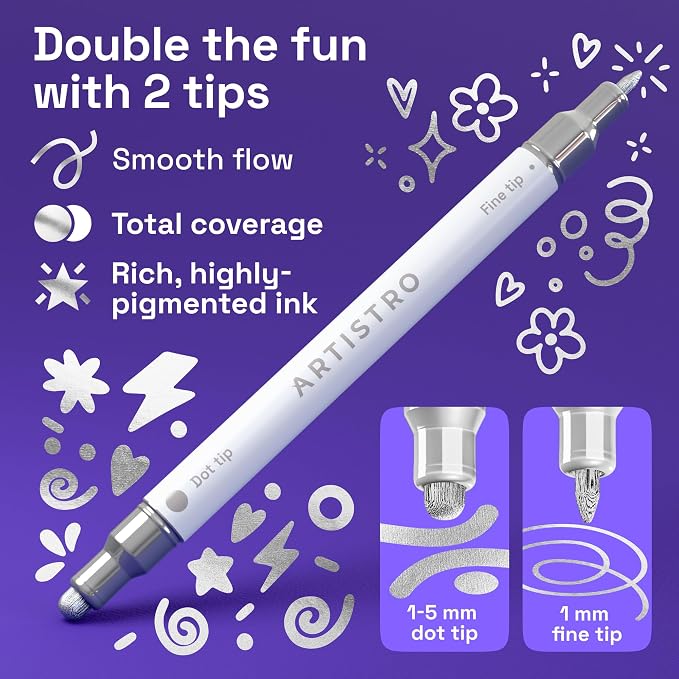 ARTISTRO 12 Silver Dual-Tip Acrylic Paint Markers – Paint Pens Set - Image 2