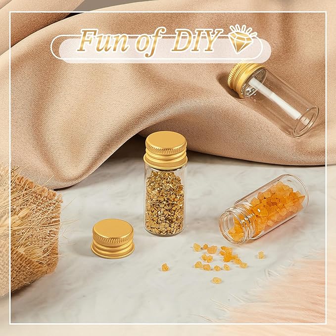 100 Pcs Small Clear Vials Spice Mini Jars with Lids Mini Glass Bottles with Screw Aluminum Metal Caps Tiny Jars Sample Containers for Powder Cream Cosmetic Jewelry Wedding(10 ml,Gold Caps)