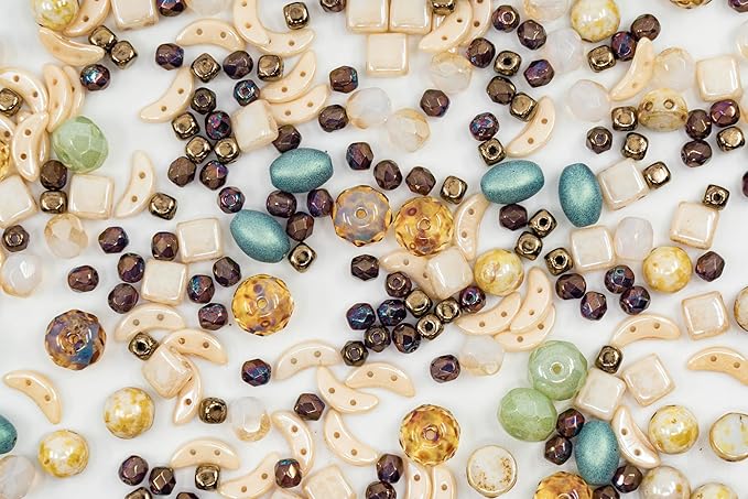 2.1oz (60 g) Mix of Unique Czech Bohemia Glass Pressed Beads, Matte and Glossy, Hand Made, Beige Blue Luster