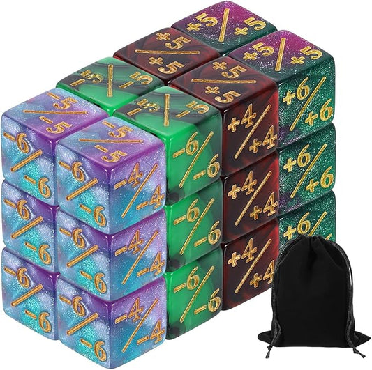 uxcell 24Pcs Magic Dice Counters, Acrylic D6 Life Token Dice Set with Pouch for Standard Cards Gaming Accessories, Red & Black, Green & Black, Green & Purple, Blue & Purple
