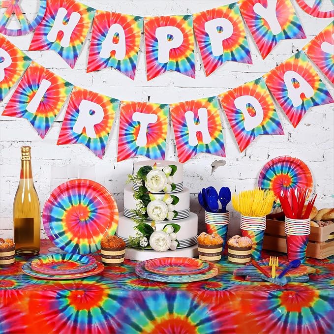 Yaomiao 171 Pcs Tie Dye Tablecloth Birthday Decorations Tie Dye Party Tableware - Image 3