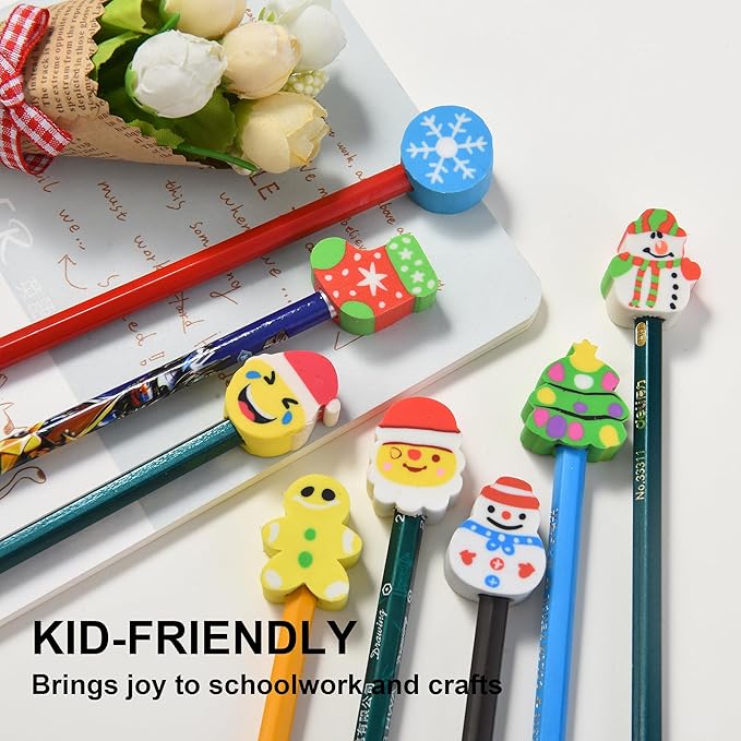 HILAZA 42Pcs Christmas Pencil Top Erasers for Kids Bulk, Cute Eraser Toppers Pencil Cap Erasers for Stocking Stuffers Goodie Bags Stuffers Holiday Party Favors