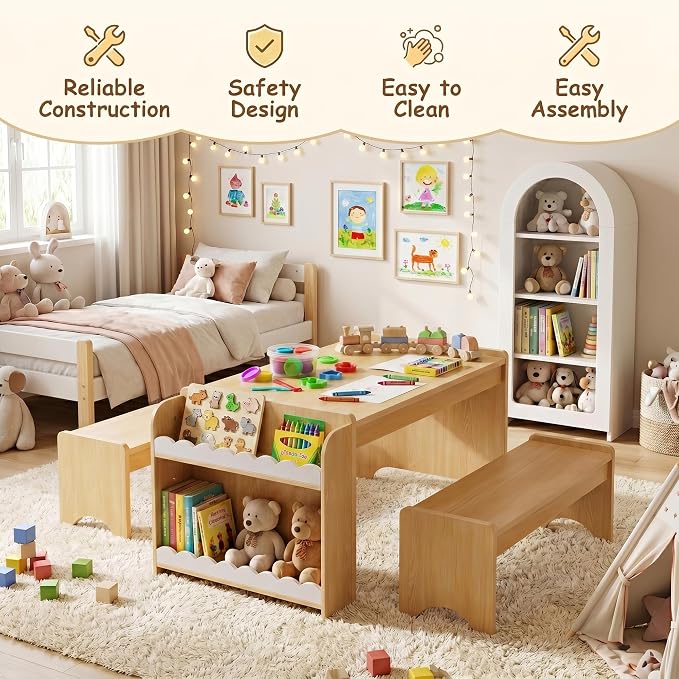 Kids Table and Bench Set, Montessori Kids Table and Chair Set, Indoor Wooden - Image 4