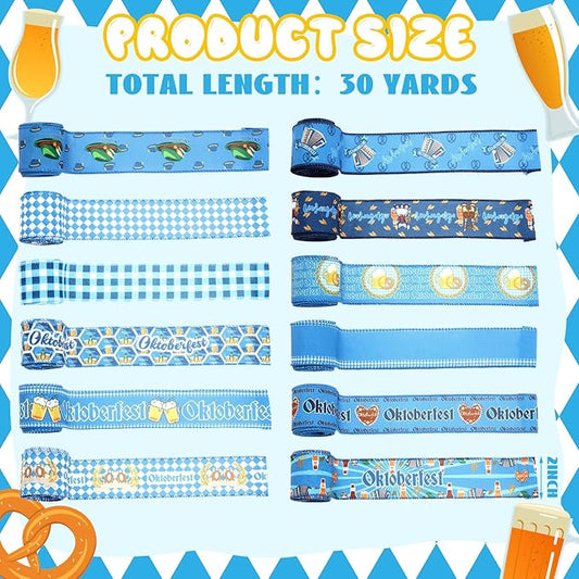 12 Rolls Oktoberfest Wired Edge Ribbon for Wreaths 2.5 Inch x 30 Yards Blue and White Print Grosgrain Ribbon Bavarian German Beer Crafts for Oktoberfest Party Decorative Supplies, 12 Styles