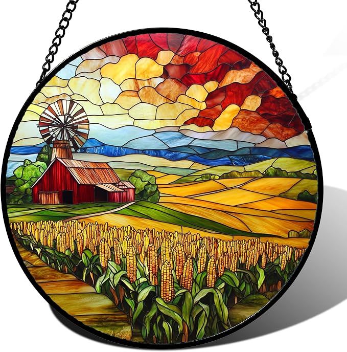 Stained Glass Window Hanging Autumn Farm Corn Harvest Landscape 7.8" by HWRHTR