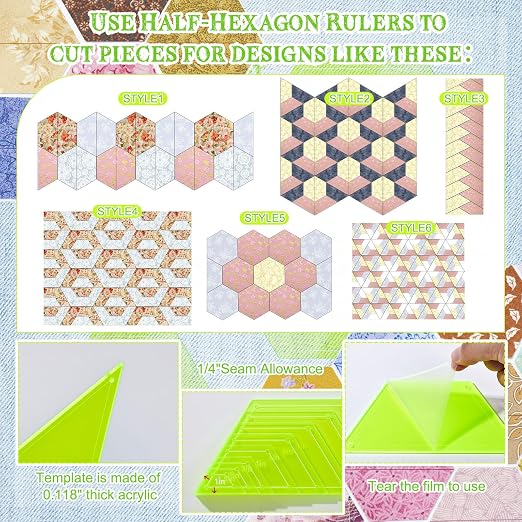 Kigley 8 Pcs Half Hexagon Quilting Templates and Rulers 1/1.5/2/3/4/5/6/7 Inch - Image 3
