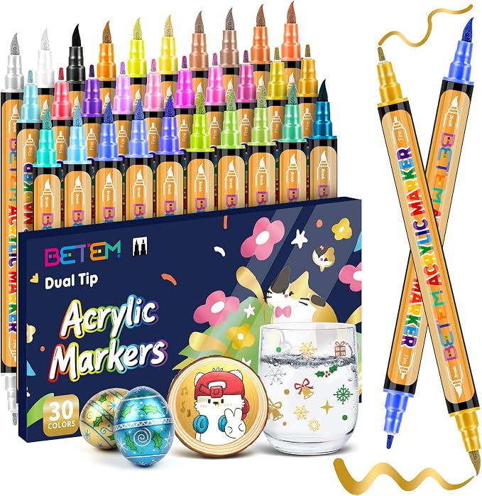 Betem Dual Tip Acrylic Paint Pens, 30 Metallic Paint Markers by BetemArtWorld