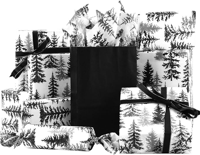 100 Sheets Christmas Tree Tissue Paper, 20x14in Forest Style Wrapping Tissue Watercolor Xmas Tree Art Tissue for Xmas Party Gift Bag Fillers Winter Party Decor (Black)