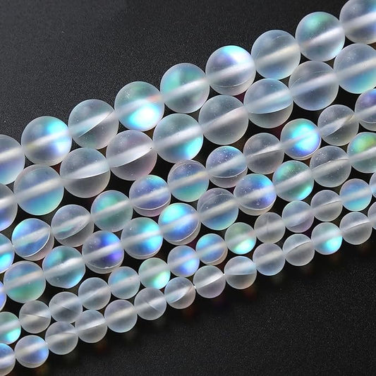 32pcs 10mm Natural White Mystic Aura Quartz Beads Frosted Matte Moonstone Round Loose Beads For Jewelry Making DIY Bracelet Necklace 15"