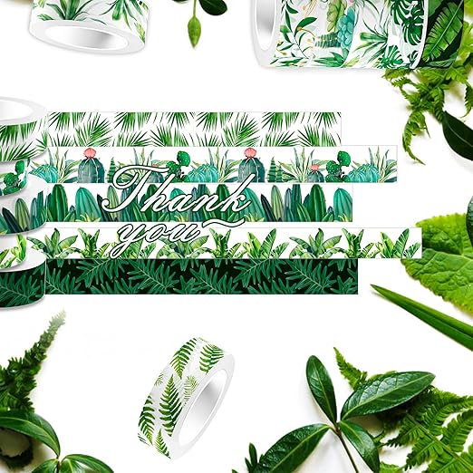 12 Rolls Greenery Washi Tape Set, Summer Tropical Leaves Masking Tape, Green Plants Cactus Succulents Decorative Tape Sticker for Scrapbook Journal DIY Craft Gift Wrapping 16.4FT