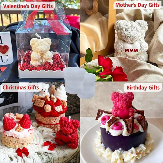 2PCS Rose Bear Silicone Mold,3D Teddy Bear Candle Making Molds,Silicone Epoxy Resin Mould,Ornament for DIY Wax Candle Art Craft Cake Chocolate Home Decor Valentine Gifts Birthday Gift（MINI）
