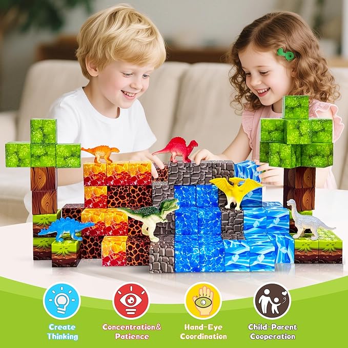 100PCS Dinosaur Magnetic Blocks for Kids: 1" Magnetic Building Blocks for Kids Ages 4-8 8-12, Magnet Cubes Sensory STEM Stacking Toys for Boys & Girls,Christmas Birthday Gifts for Toddler Ages 3+