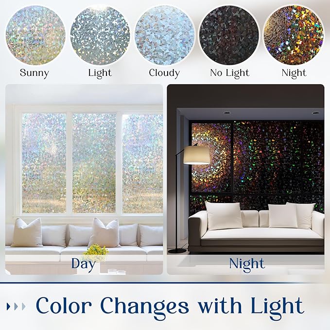 Haton Window Privacy Film, Rainbow Stained Glass Window Clings, 3D Decorative UV Sun Blocking Sticker, Removable Static Cling Heat Control Tint for Home Door, 35.4" x 157.4" Non-Adhesive