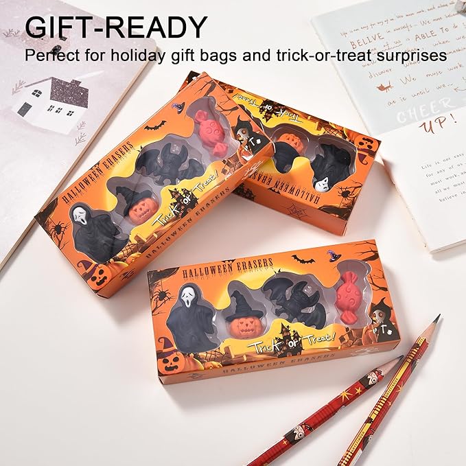 HILAZA 3D Halloween Erasers for Kids, 16Pcs Cute Pumpkin Ghost Bat Erasers Bulk for Goody Bag Filler Gifts Halloween Party Favors