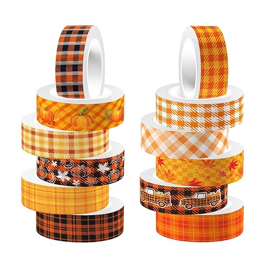 12 Rolls Autumn Washi Tape Set - Thanksgiving Theme Grid Pumpkin Maple Fall Decorative Tape for Bullet Journal, Scrapbooking, Planner, DIY Wrapping Crafts 16.4FT