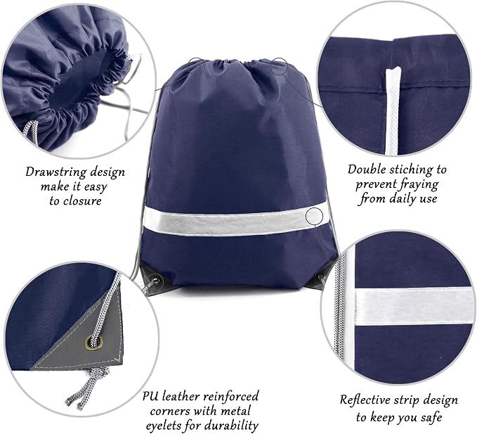 BeeGreen 20 Pieces Navy Blue Drawstring Backpack Bags Wholesale, Reflective - Image 4