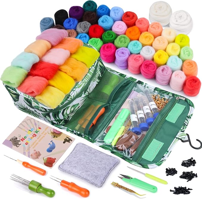 JNENERY Needle Felting Kit, 42 Colors Wool Roving Starter Kit, Needle Felting by Jnenery