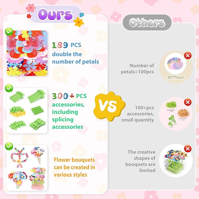 GirlsHome 300+PCS Fabric Flower Bouquets Toys, DIY Flower Crafts Kits for Kids, Arts and Crafts for Kids Ages 6-8 Girls, Build Flower Bouquet, STEM Educational Toy Preschool Gifts (White Purple)